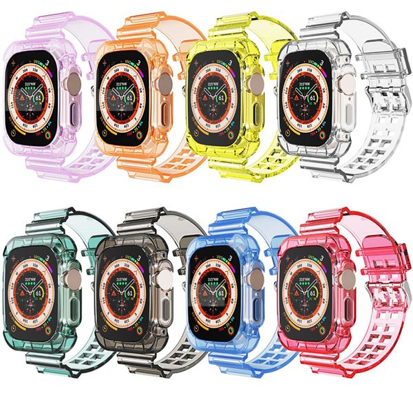 Sport Clear Band Case pour Apple Watch 8 7 6 SE 5 4 3 Transparent Armor silicone cover Strap pour iwatch 49mm 41mm 45mm 42mm 38mm