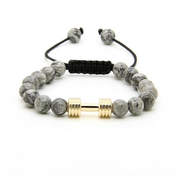 Bracelets d'énergie de Sport, perles entières en pierre de jaspe grise de 8mm, avec de nouveaux haltères de Fitness, Bracelets en macramé pour hommes 264S