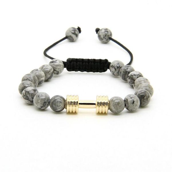 Bracelets d'énergie de Sport, perles entières en pierre de jaspe grise de 8mm, avec de nouveaux haltères de Fitness, Bracelets en macramé pour hommes, 225v