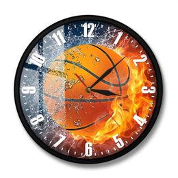 Horloge murale sans cadre, cadeau de Sport pour sportifs, décoration de maison pour chambre de garçons, demi-dans l'eau, feu, basket-ball, silencieuse, 243v
