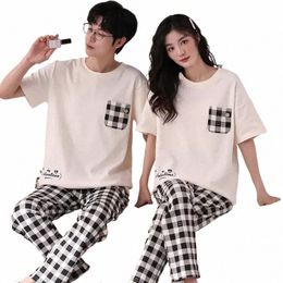 Sport Lovers Summer Fi Vêtements de nuit Cott Ensembles Style Pyjamas Manches Maison Chemise de nuit courte Vêtements Femmes / Hommes Couple Pyjama p90a #