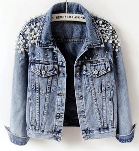 Vrouwen jassen lente herfst denim jas parels kralen mode jeans jas losse lang 898