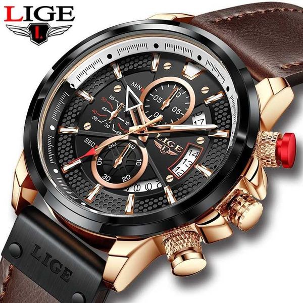 Montres de sport pour hommes LIGE Top marque de luxe militaire en cuir véritable montre-bracelet homme horloge mode chronographe montre-bracelet 210527