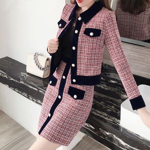 Sport Winter Vrouwen Tweed Vintage Twee Pakken Knoppen Jas en A-lijn Rok Outfits Elegante 2 Stuk Sets 2024 Hot Koop