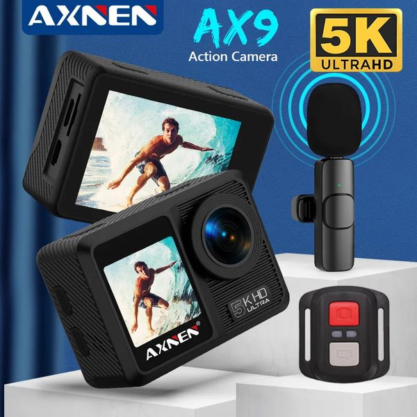 Câmeras de vídeo de ação esportiva AXNEN AX9 5K Câmera de ação com microfone remoto sem fio 4K 60FPS Sport Anti-shake WiFi Tela dupla 170 Grande angular 30m Câmera à prova d'água 231128