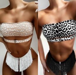 Sports Bikinis Set Leopard Hoge Taille Print Opknoping Hals Snake Fringe V-hals Joint Badmode Dames Split Badmode Yakuda Verkopen