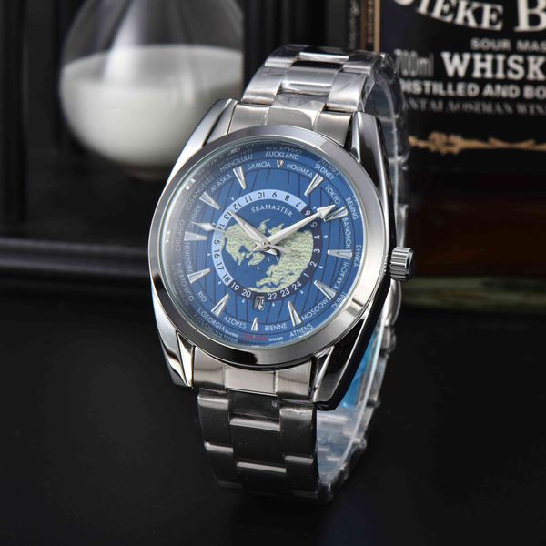 Reloj deportivo clásico azul con hora mundial, reloj para hombre, relojes de diseño de lujo, movimiento de cuarzo, reloj de pulsera con correa de goma