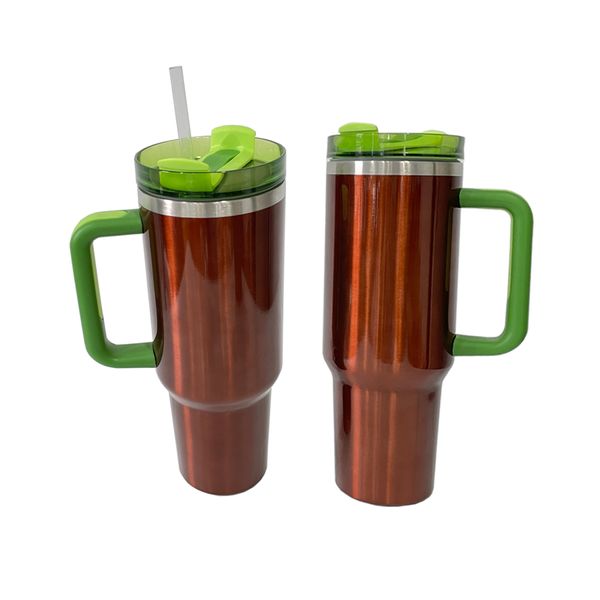 Bouteille d'eau de café de sport vierge sublimation or rose 40 oz Pastèque Moonshine Quencher H2.0 Tumbler avec couvercle vert et poignée pour cadeaux personnalisés