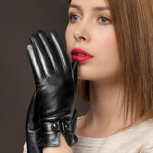 Gants de sport mode noir en peau de mouton écran tactile doigt femmes en cuir véritable femme décontracté main manchon mitaines cadeaux