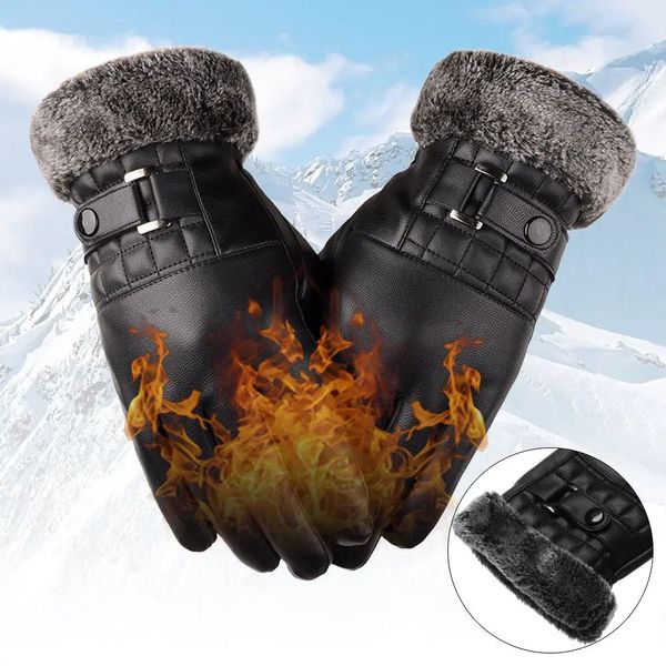 Gants de sport hommes hiver coupe-vent en cuir fausse fourrure ski conduite moto mitaines épaissir chaud Plus velours écran tactile 231202