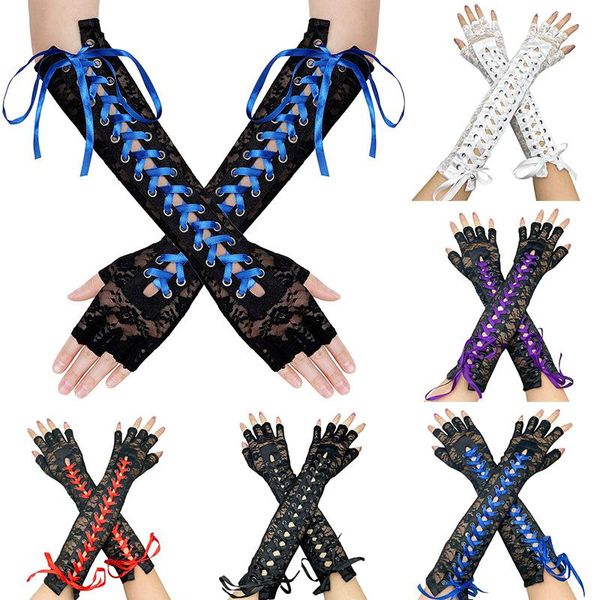 Guantes deportivos Correa de lazo de encaje sexy Sin dedos Largo Medio dedo Malla Mitón Cosplay Ropa Accesorio Pole Dance Performance Prop