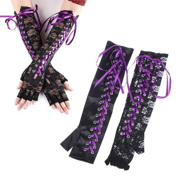 Gants de sport pour femmes, longueur Sexy, Punk, chauffe-bras sans doigts, Goth noir, Bandage en dentelle Cosplay