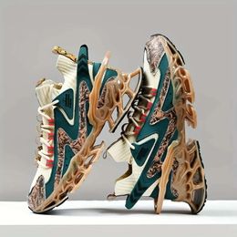 Sneakers de lame de paysage chinois pour hommes sportifs - Bloc de couleurs à la mode, lacets vers le haut, couleurs assorties, chaussures de marche extérieures décontractées