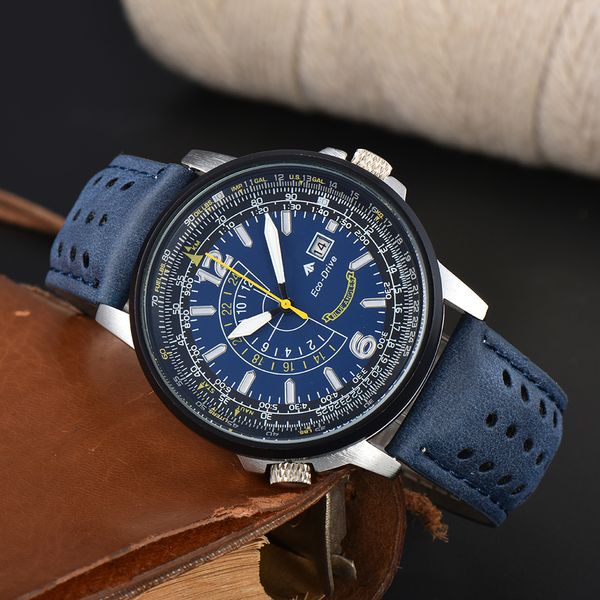 Sports Mens Watches Movimiento de cuarzo Japón Batería Eco Eco Drive Estilo de vida Hombres impermeables Mirando luminoso Diseñador Strap de cuero de pulsera Montre de Luxe