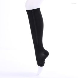 Calcetines deportivos 1 par de mujeres con cremallera compresión cómoda cremallera soporte para piernas rodilla medias calcetín con punta abierta S/M/XL Camping