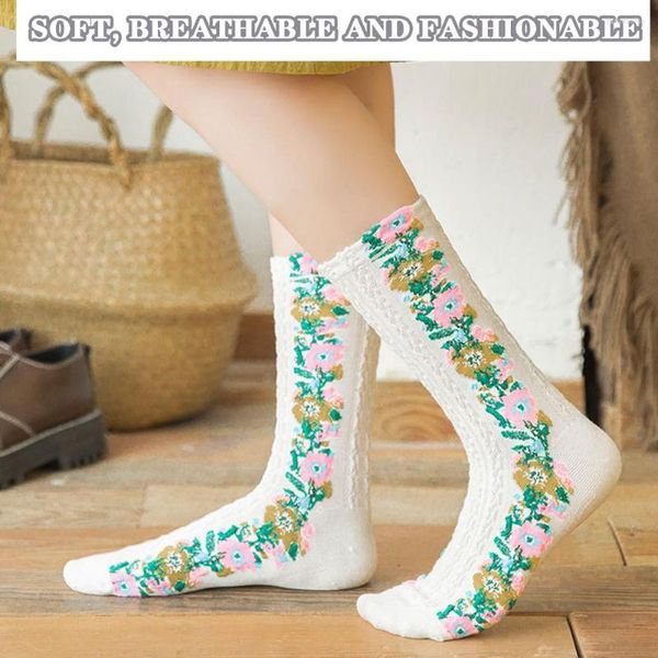 Calcetines deportivos 5 pares conjuntos mujeres bordado Floral elegante Retro largo transpirable estilo japonés Casual espesar calcetín