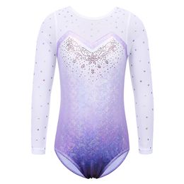 Gym Kleding Baohulu Mesh Patchwork met lange mouwen Mesh Wootards For Girls Toddler Kids Diamant Gymnastics Jumpsuit Bodysuit Tieners Kleding 221122