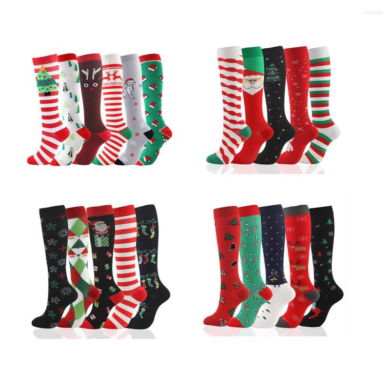 Sportsocken Calcetines De Navidad 5/6 Paar pro Set Weihnachtssocken Kompression Sport Kniestrümpfe Kompression