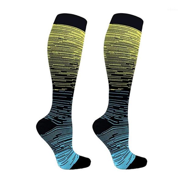 Chaussettes de sport à Compression dégradé de couleur pour adultes, unisexe, Support en Nylon, absorbant la sueur, antidérapant, élastique, confortable, randonnée