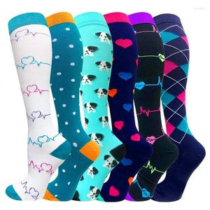 Chaussettes de sport bas de Compression hommes femmes rayures de course Sport vol Nylon varices genou Long 7 paire/lot