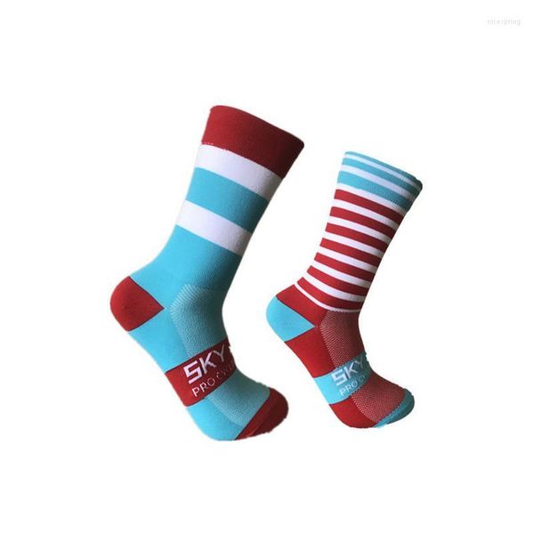 Chaussettes de sport Haute Qualité Chinlon Cyclisme En Plein Air Pieds Gauche Et Droit Point De Vague Rayé Vélos Calcetines Ciclismo