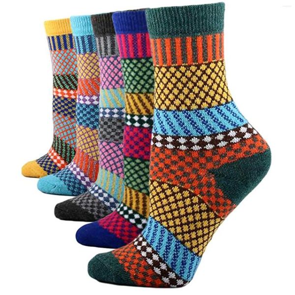 Chaussettes de sport pour hommes, automne et hiver, tricot personnalisé, laine rayée, géométrie Vintage, cinq paires