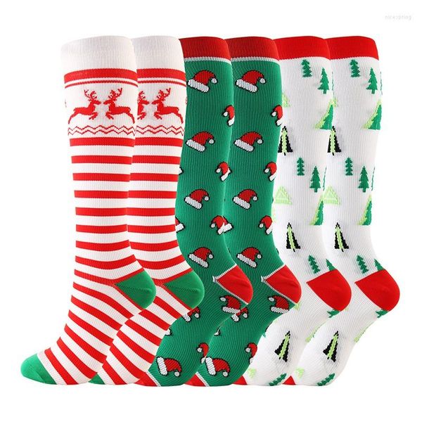 Calcetines deportivos para hombre Compresión Hombres Rodilla Alto / Largo Gorro de Navidad Árbol Ciervo Rayado Impreso Deporte Ciclismo