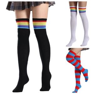 Chaussettes de sport Sexy Medias blanc rayé longues femmes sur genou cuisse haute les bas dames filles chaud