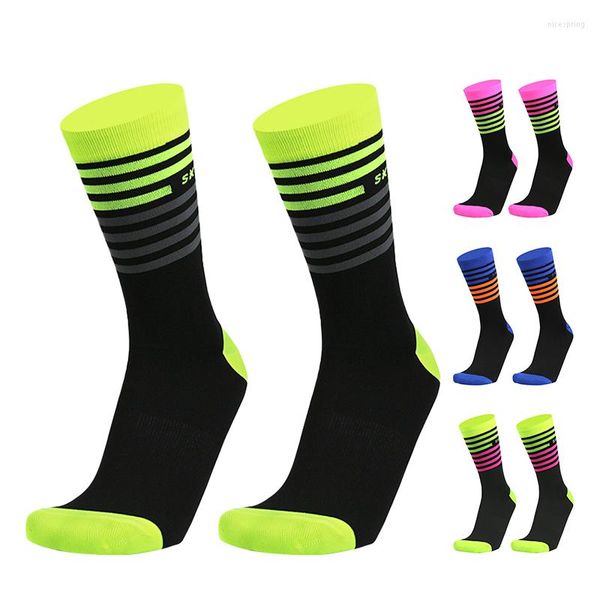 Chaussettes de sport SKY KNIGHT Rayées Casual Marque Haute Qualité Compression Respirant Genou-haut