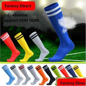 Chaussettes De Sport Football Pour Enfants Et Adt Bas De Football Sur Les Rayures Du Genou Long Tube Absorbant La Sueur Antidérapant Chaussette Drop Delivery Outd Dhlpm