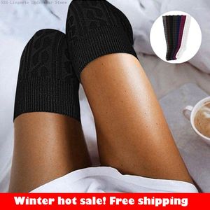 Chaussettes de sport pour femmes, bas guêtres rayés, longues cuisses, hiver, très chaud au-dessus du genou, bas en laine douce