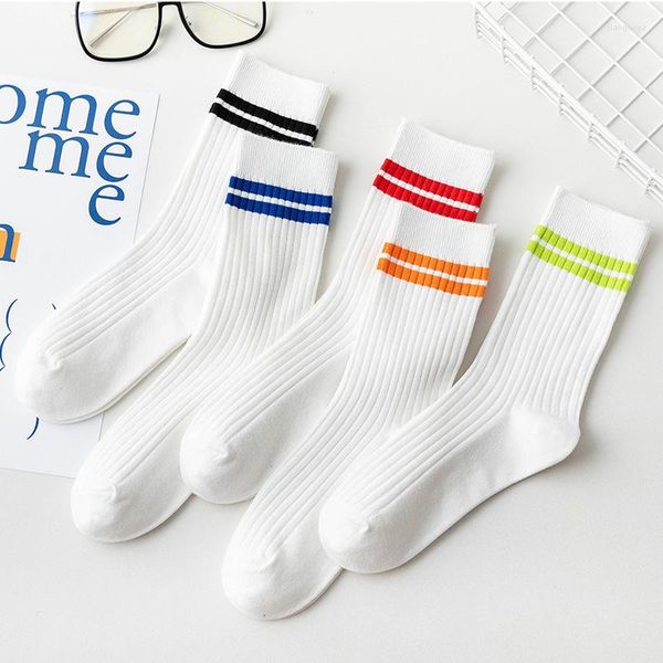 Chaussettes de sport femmes mode rayé Sport doux respirant solide blanc couleur lycéens coton Long