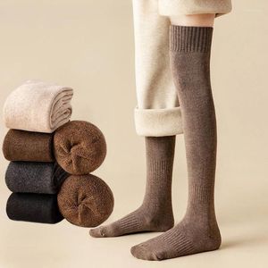 Chaussettes de sport pour femmes, bas d'hiver, Sexy, mode neige, couleur unie, boucles épaisses serrées, intérieur chaud, Slim, fille JK, long mollet