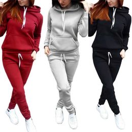 Sportpak Dames Herfst Winter Trainingspak Casual Solid Sportswear Running Jogging Suits Hoody Joggingbroek 2 Stks Sets Kleding Y0625