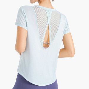 T-shirt de sport Chemisier Hauts pour femmes Vêtements de yoga en cours d'exécution Maille ample Cool Respirant Séchage rapide Fitness Chemise d'extérieur à manches courtes