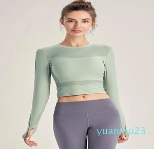 Sporttop Dames Hardlopen Fitness Yoga Korte open navel Mesh stiksel Ademend T-shirt met lange mouwen Strakke Elasticiteit Workout Oefening Gymkleding