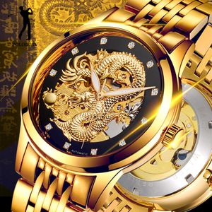 Montres de sport Dragon Skeleton Montres mécaniques automatiques pour hommes Montre-bracelet Bracelet en acier inoxydable Or Horloge 50m Étanche Me209r