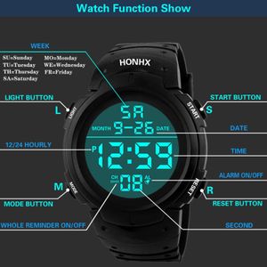Montres de sport Mode 50M Étanche LED Numérique pour Hommes Résine Cadran PU Bracelet Horloge