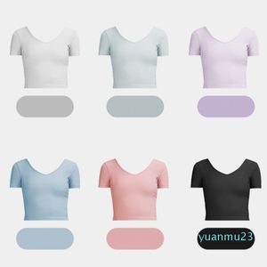 Deportes para mujer Yoga Mangas cortas Sexy Tight Open Umbilical Top Camiseta con cuello en V Espalda abierta Fitness Moda Adelgazar Venta caliente Mangas cortas