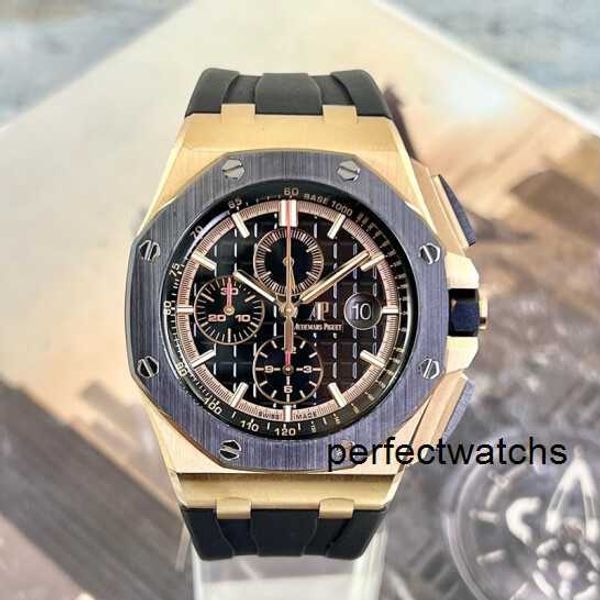 Reloj de pulsera deportivo Cronógrafo Reloj de pulsera AP Serie Royal Oak Offshore 44 mm de diámetro Anillo exterior de cerámica de oro rosa de 18 quilates Reloj mecánico automático para hombre Reloj de lujo 2