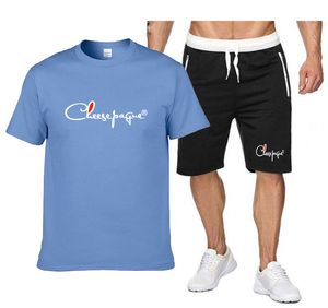 Combinaisons de sport ensemble hommes survêtement marque Fitness costumes été 2PC haut ensemble court hommes col montant mode 2 pièces T-shirt Shorts