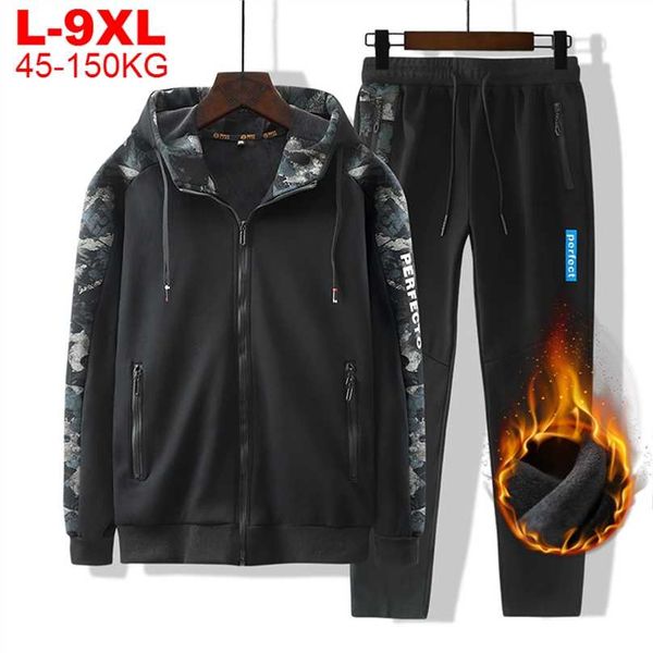 Sportswear Hommes Set Chaud Épais Veste à capuche + Pantalon 2PC Ensembles Cachemire Sweats à capuche Zipper Mens Survêtements Sports Costume Plus Taille 8XL 9XL 211109