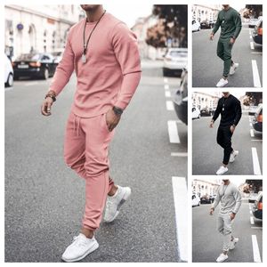 Sportkleding Sumer Heren Set Effen Kleur Trainingspak Sport Past Mannelijke Sweatsuit Lange Mouwen T-shirt Broek Afdrukken 2 pc sets 220620