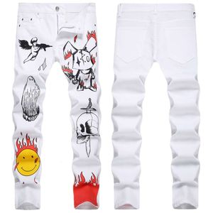 Spot 2023 printemps nouveaux hommes blanc jean élastique mode coupe ajustée imprimé teint taille moyenne pantalon