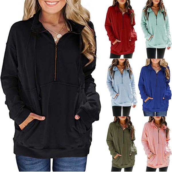 Spot Hoodies Style européen américain de printemps et d'automne Poche kangourou demi-fermeture à glissière à manches longues pull décontracté de couleur unie