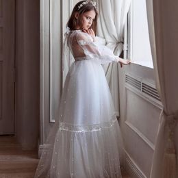 Robe de demoiselle d'honneur en tulle à pois, en dentelle, ligne a, manches longues bouffantes, robe de soirée formelle d'anniversaire pour enfant, longueur au sol, première communion, baptême, mariage, 2022