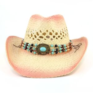 Chapeau de Cowboy occidental rose peint à la bombe chapeau de paille tissé à la main hommes femmes Protection solaire extérieure plage Panama casquette Sombrero Hombre