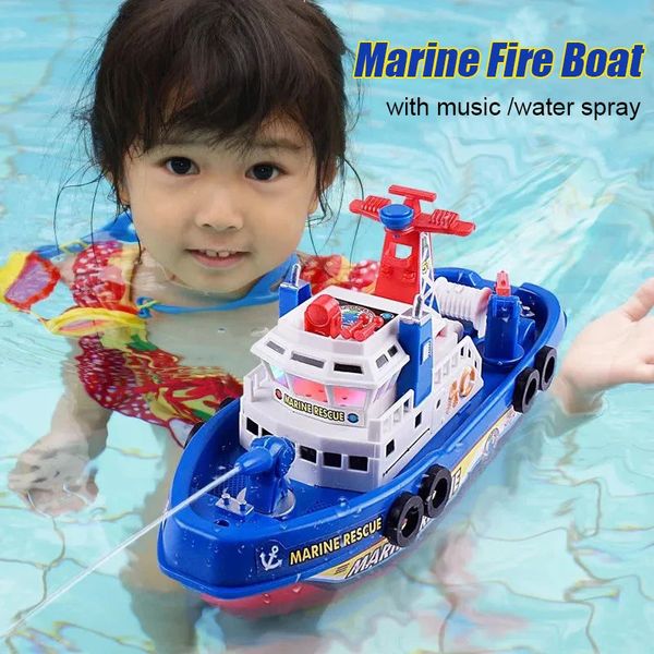 Spray Water Swim Pool Boat Boat Bathing Toys for Kids Rescue Model Fire Fireboat avec de la musique légère LED Toys pour bébé 240411