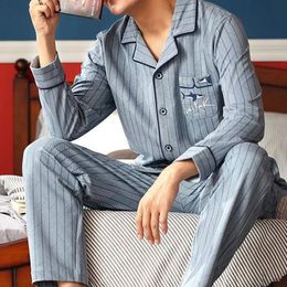 Spring 100 Coton Pyjamas Men Lounge Sleeping Sleeping Plaid Blue Pijama's Warm Bedgown Home Cloth