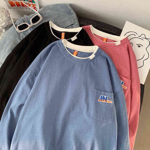 Lente 2021 Men's Long-mouwen Solid T-shirt Printing Casual Harajuku Koreaanse man Grafische T-shirts O-Neck Fashion Couple Tees T220808